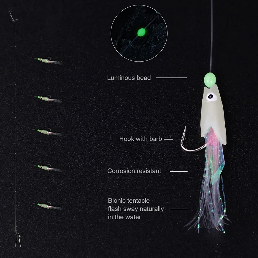 Plataformas Sabiki, 3 paquetes de Señuelos de Pesca de agua salada, aparejos de cebo, 5 anzuelos, cuerda de piel de pescado Real, gancho, caballa que brilla en la oscuridad, aparejos Flash - imagen 4