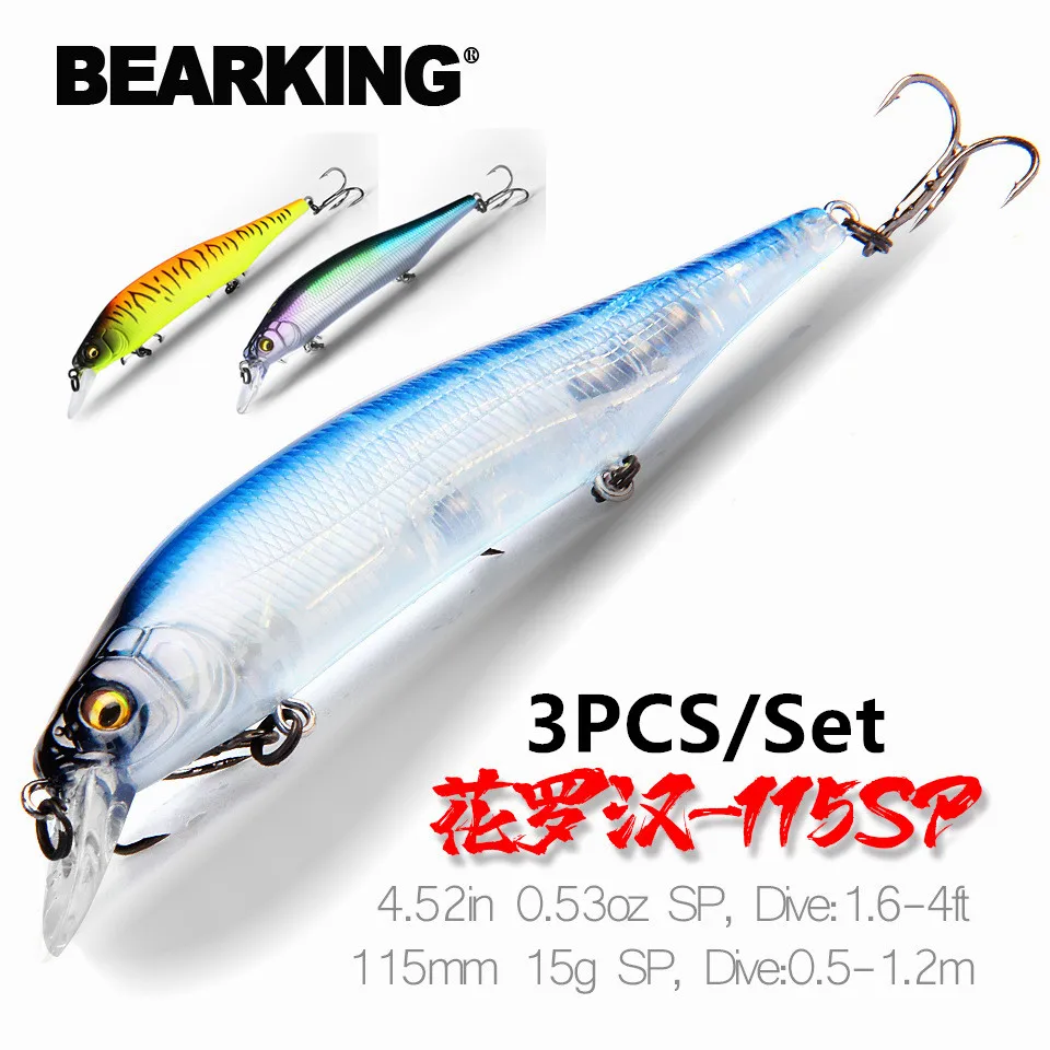 3 uds BEARKING 115mm 15g sistema de peso Señuelos de Pesca superiores Minnow manivela Wobbler calidad aparejos de pesca anzuelos para pesca - imagen 2