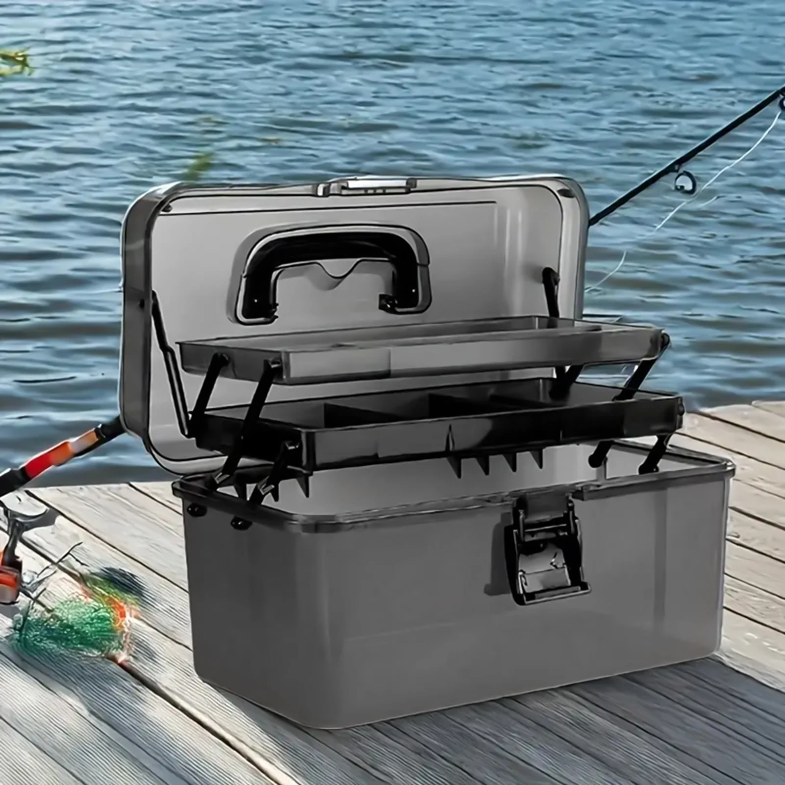 Caja de aparejos de pesca de 3 capas, caja de almacenamiento de pesca portátil de gran capacidad para anzuelos de cebo, bolsa de pesca transparente visible - imagen 3