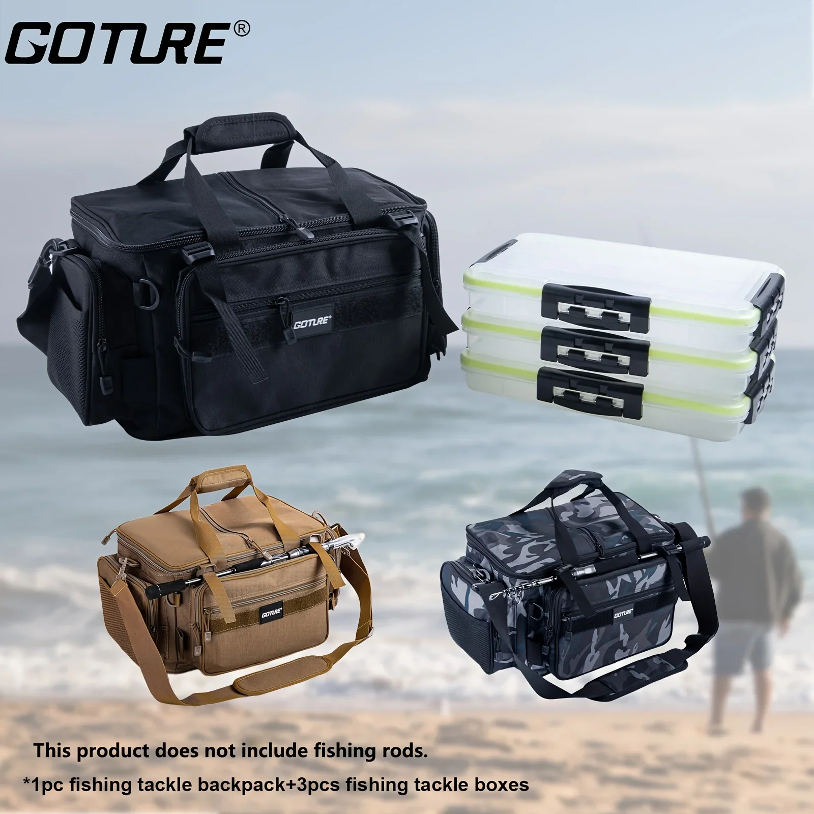 Goture Mochila de pesca impermeable, 3 cajas de aparejos incluidas, base EVA a prueba de golpes para agua salada/bajo, 38 × 24 × 23 cm, diseño compacto