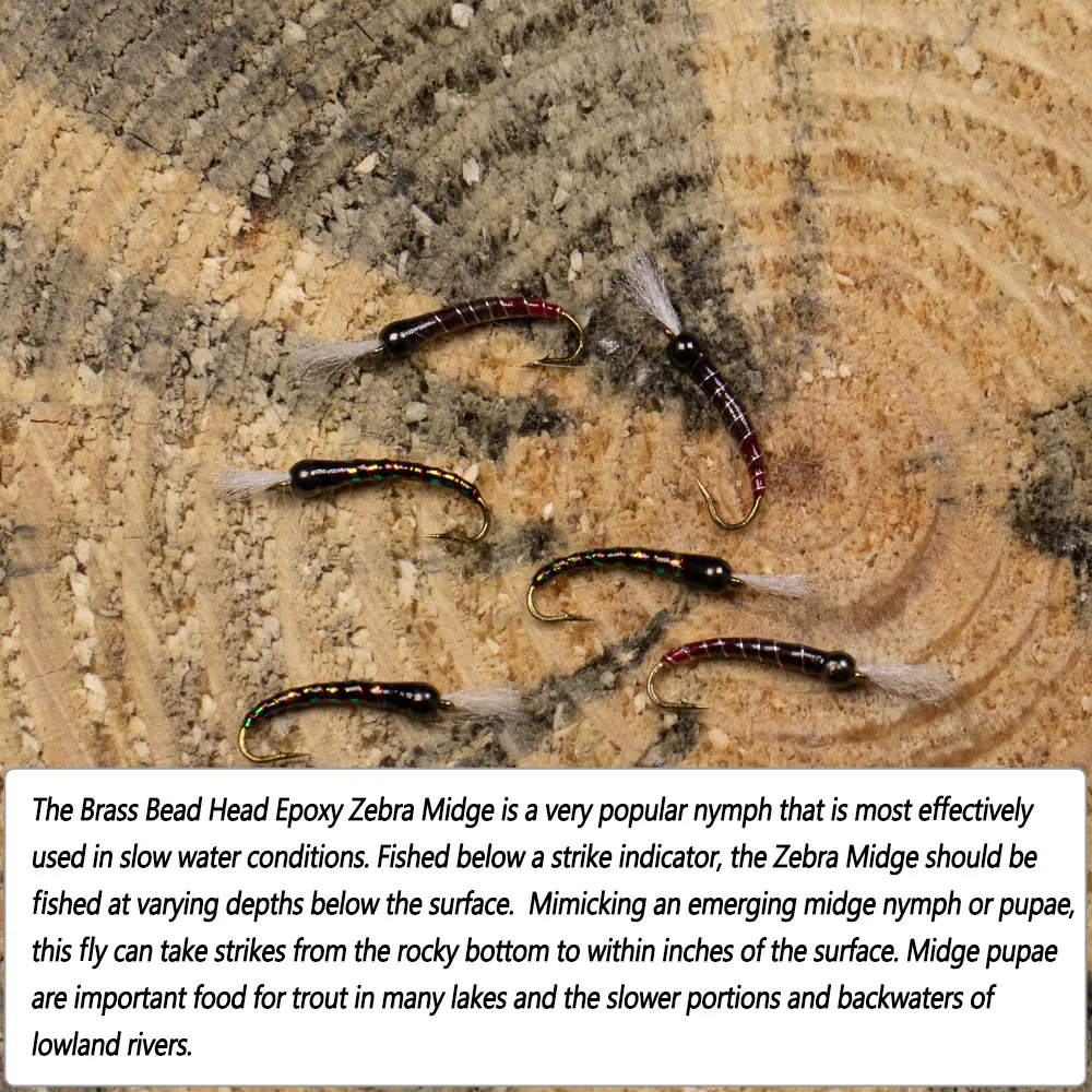 Bimoo 10 piezas # 14 cabeza de cuentas de latón epoxi cebra midge mosca anzuelo de púas alambre de cobre costilla Chironomid Pupa mosca trucha Señuelos de pesca cebos - imagen 5