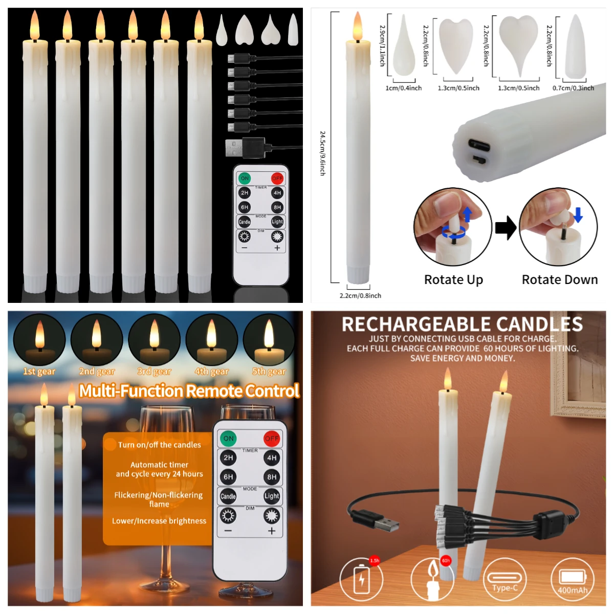 Velas parpadeantes recargables sin llama, luz LED de té, velas navideñas, mecha 3D, lámpara de vela electrónica con pilas, 6 uds. - imagen 5