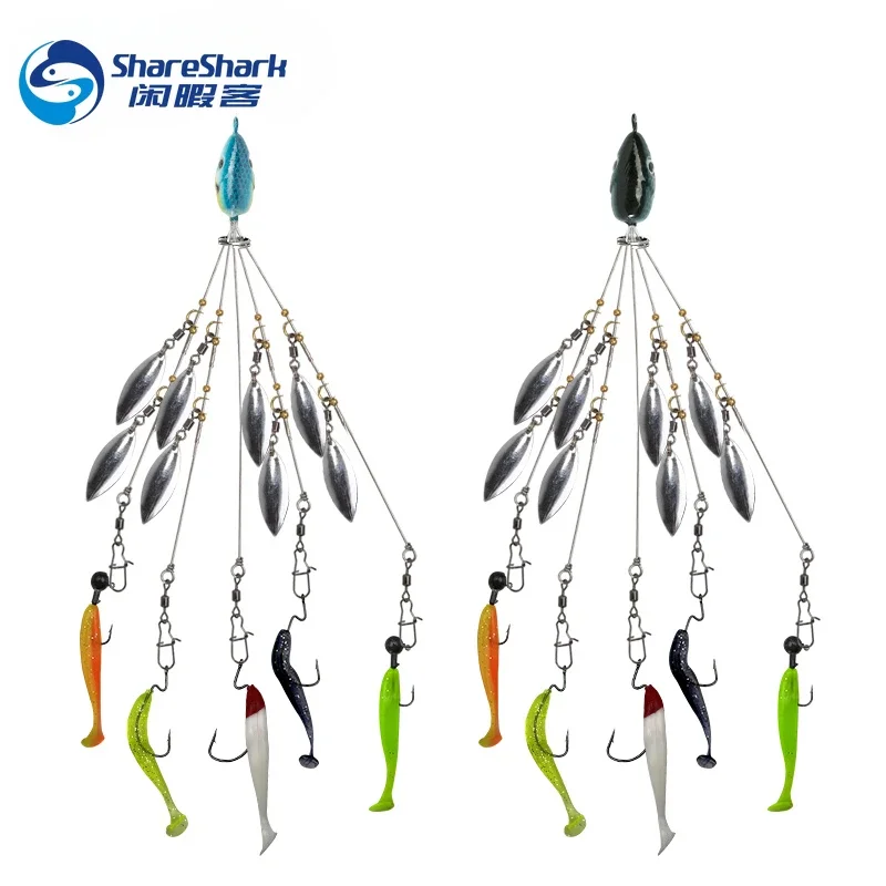 Aparejos de paraguas Alabama de 5 brazos con 8 cuchillas, hoja de sauce ultraligera, aparejo multiseñuelo para Señuelos de pesca de lubina, cebo de natación en agua salada