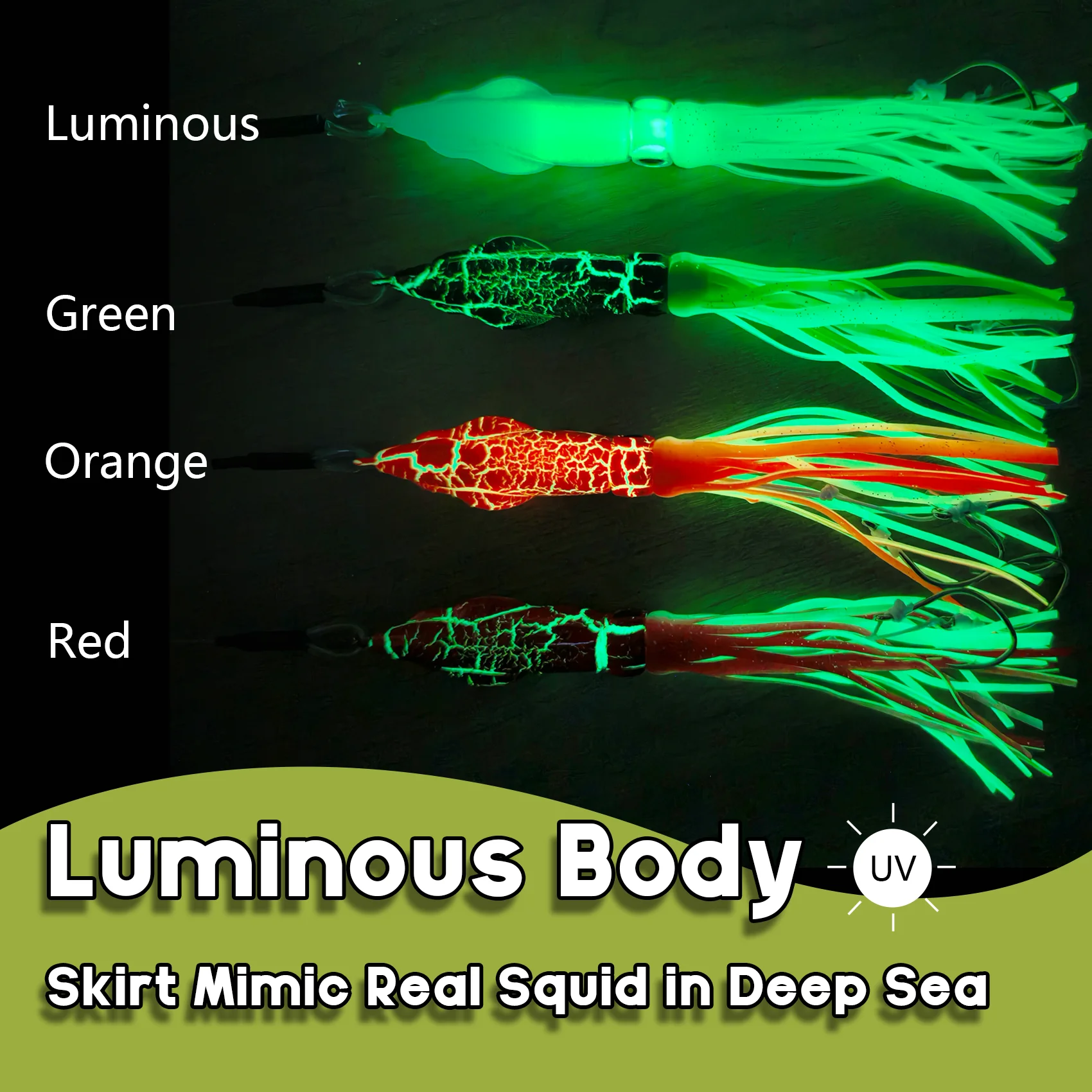 Plantilla de falda de calamar luminosa con cabeza de Metal de alta resistencia con líder de alambre, señuelo de pesca de calamar que brilla en la oscuridad, cebo de curricán de agua salada para - imagen 5