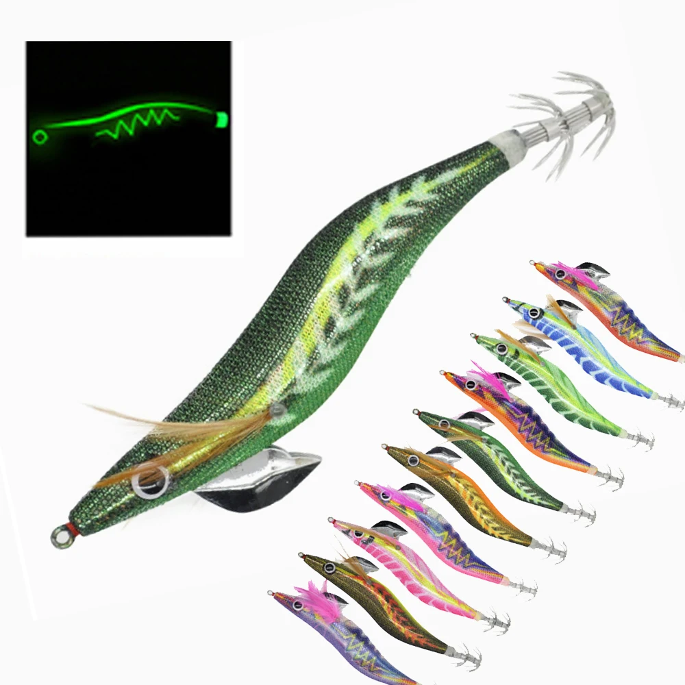 11 piezas 15 g 3,5 #   Cebo de calamar para pesca, plantillas luminosas de madera para camarones, señuelos de pesca, anzuelo, pulpo, camarón, sepia, aparejo de anzuelo de calamar - imagen 5