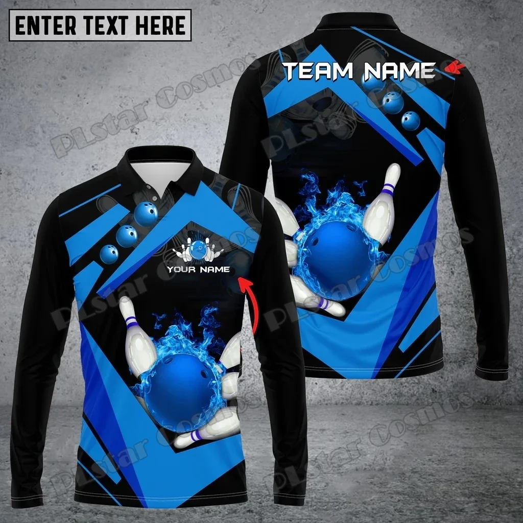 Polo de manga larga para hombre con estampado 3D de nombre personalizado Multicolor Premium de bola de bolos, Polo informal Unisex de otoño PLP82