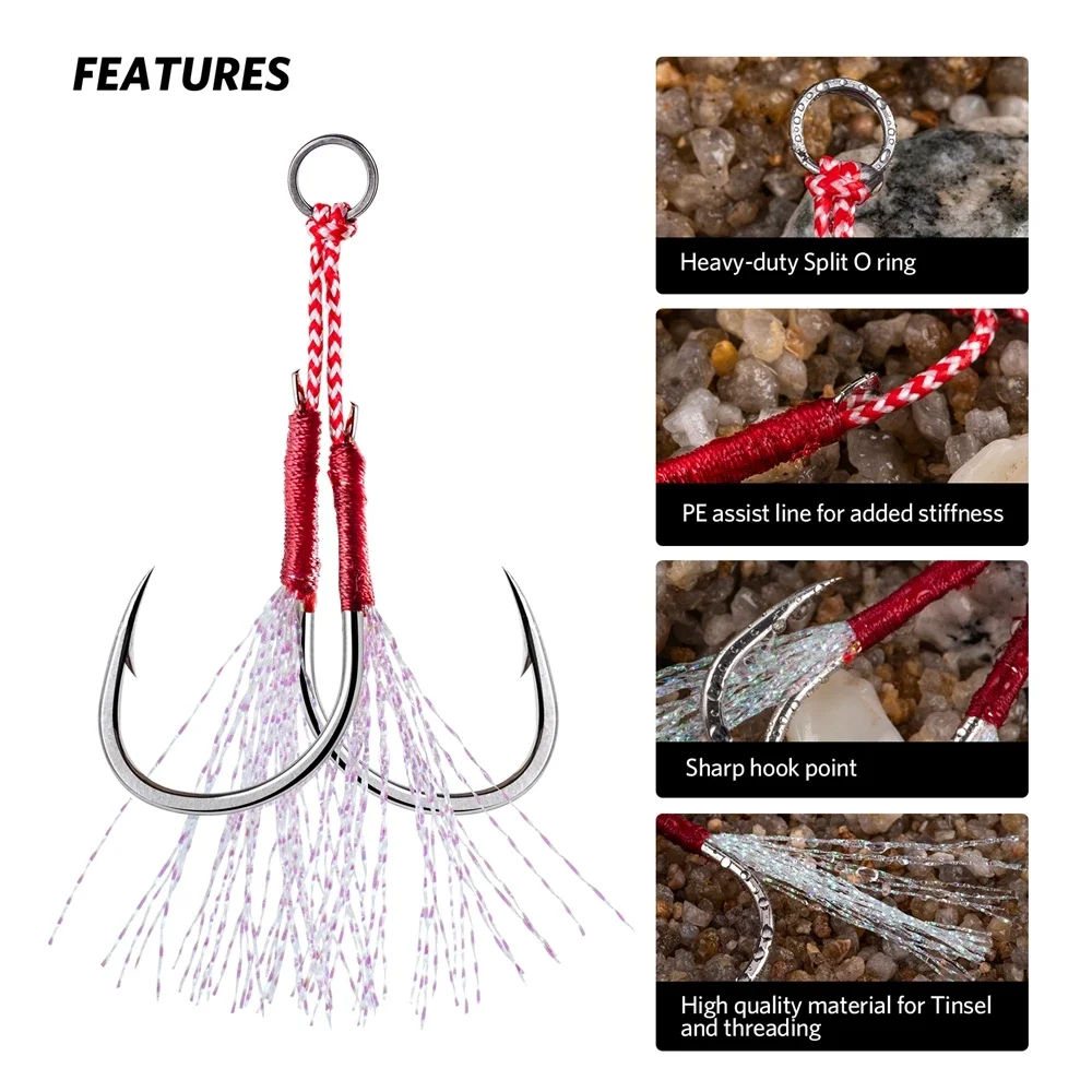 Goture-Kit de anzuelos de doble asistencia, 5 uds., gancho de Jigging que brilla en la oscuridad para señuelos de Jigging verticales de caída lenta y rápida, aparejos de pesca de agua salada