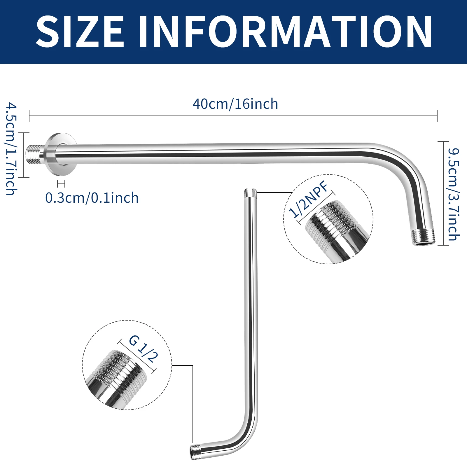 Brazo de ducha de 12/16 pulgadas con brida, brazo de cabezal de ducha montado en la pared de acero inoxidable para cabezal de ducha fijo, piezas de repuesto para baño - imagen 3