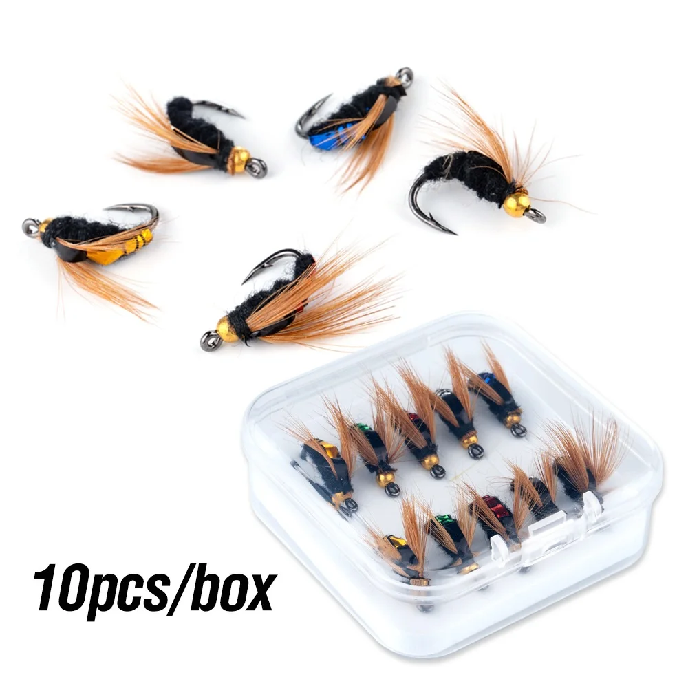 10 Uds. Cebo Artificial para insectos, señuelo biónico para moscas, anzuelo, Kit de moscas para pesca con mosca, serpentinas de ninfa húmeda y seca, señuelo para pesca de trucha y lubina