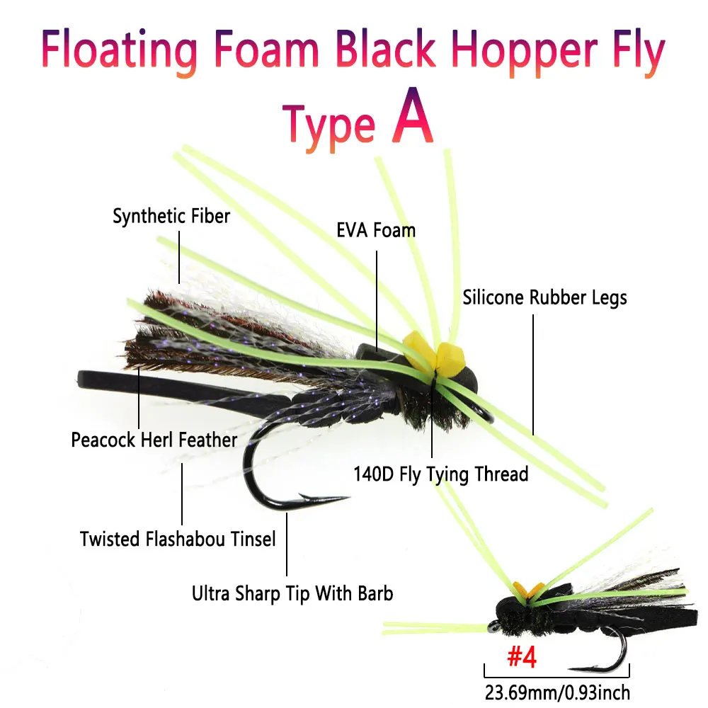 Bimoo 4 piezas # 4 # 8 espuma de alto ciancia, tolva negra, mosca flotante, saltamontes, mosca seca para trucha, lubina, Slamon, tipo de pez, Señuelos de Pesca - imagen 4