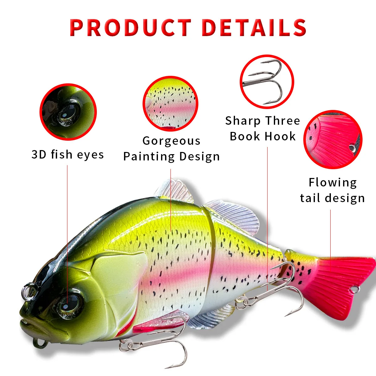 Experimente el mejor señuelo de pesca con los ojos de peces 3D un diseño de cola que fluye y un agudo libro de tres gancho