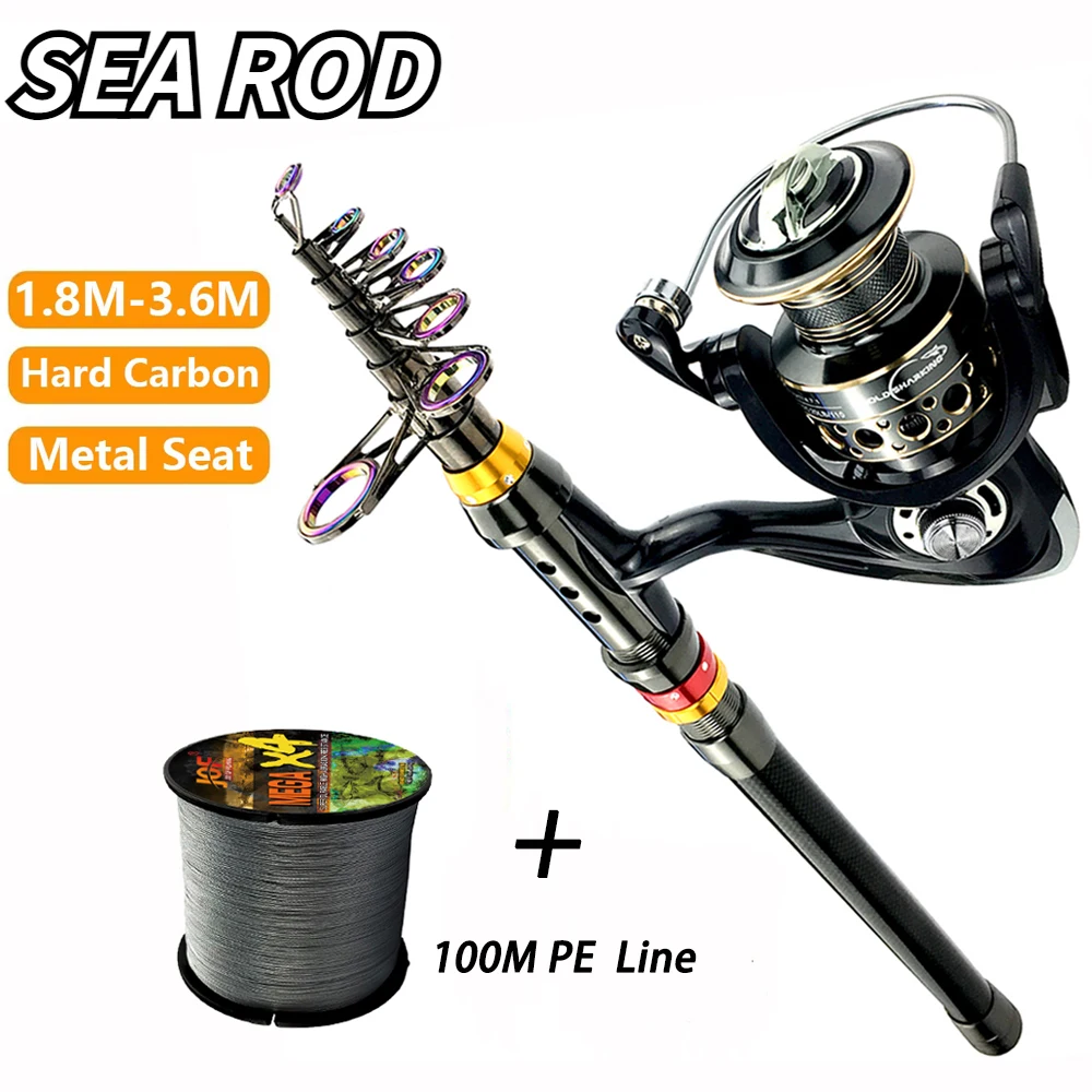 Alimentador telescópico de 1,8-3,6 m, Combo de poste de mar, poste de carbono portátil de viaje corto, carrete de Baitcasting serie 2000 ~ 5000 con Kits de línea de PE