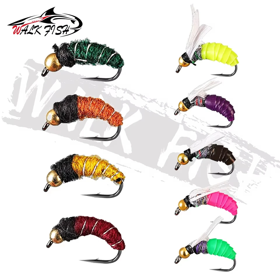 WALK FISH 5 piezas 12mm 13mm Caddisfly Ninfa cebo con mosca rotación compuesta hoja de sauce lentejuelas Metal cebo falso pesca de trucha río salvaje - imagen 2