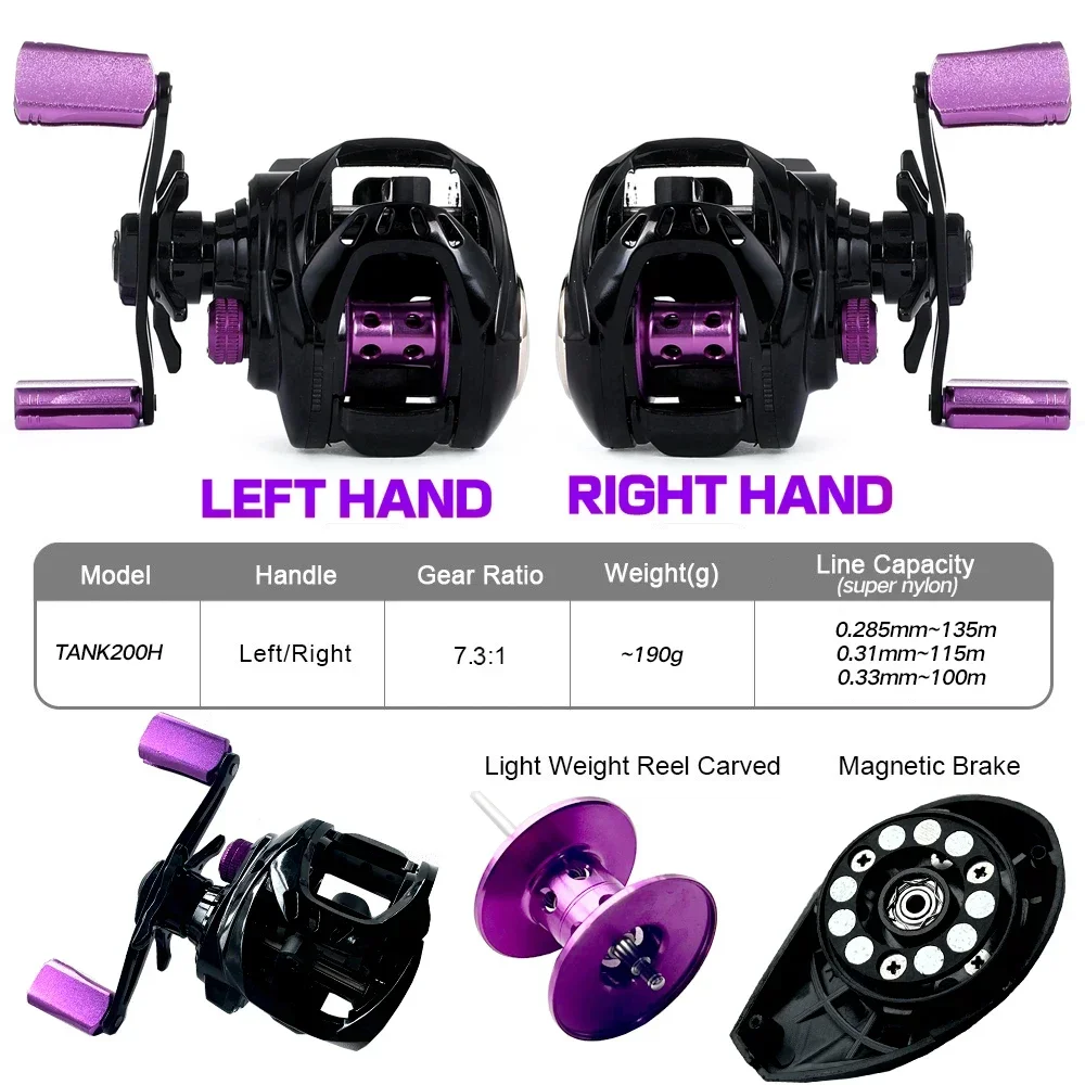 Carrete de pesca Baitcasting, arrastre máximo de 8kg, relación de engranaje de alta velocidad 7,3: 1, sistema de freno magnético para agua salada, pesca de carpa ultraligera - imagen 3