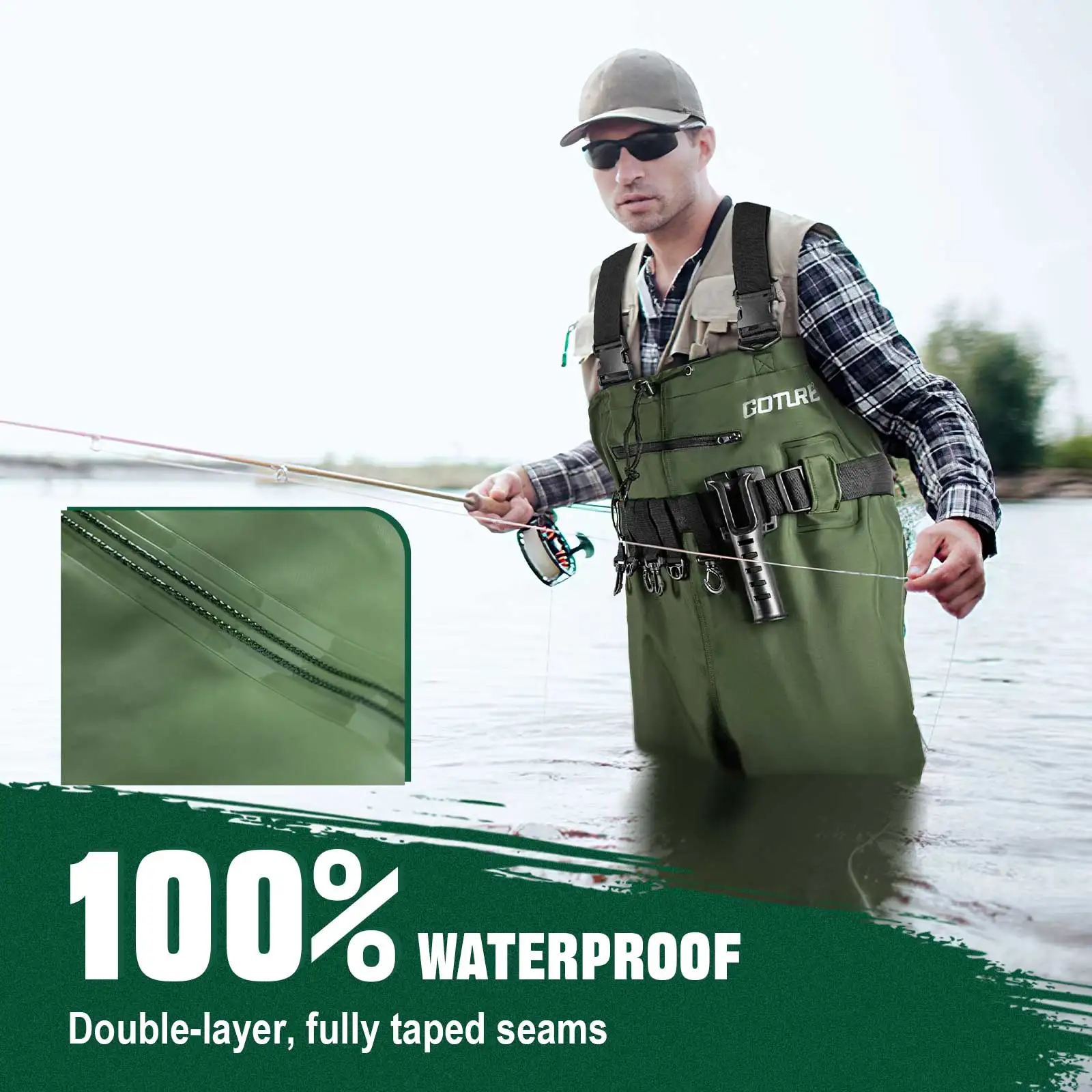 Goture-mallas de cintura para pesca con mosca, transpirables, impermeables, pantalones altos, Wader, pantalones duraderos para pesca y caza