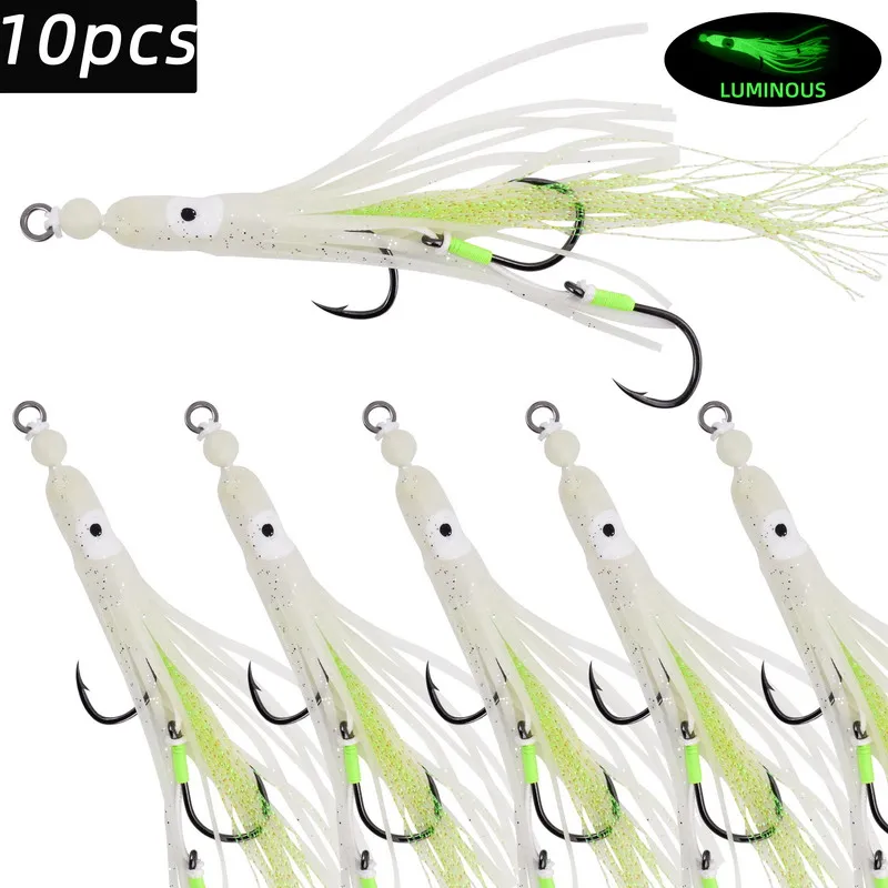 Cebos de calamar suaves con faldas de silicona y tres anzuelos auxiliares, Ideal para pesca en el mar, 10 Uds.