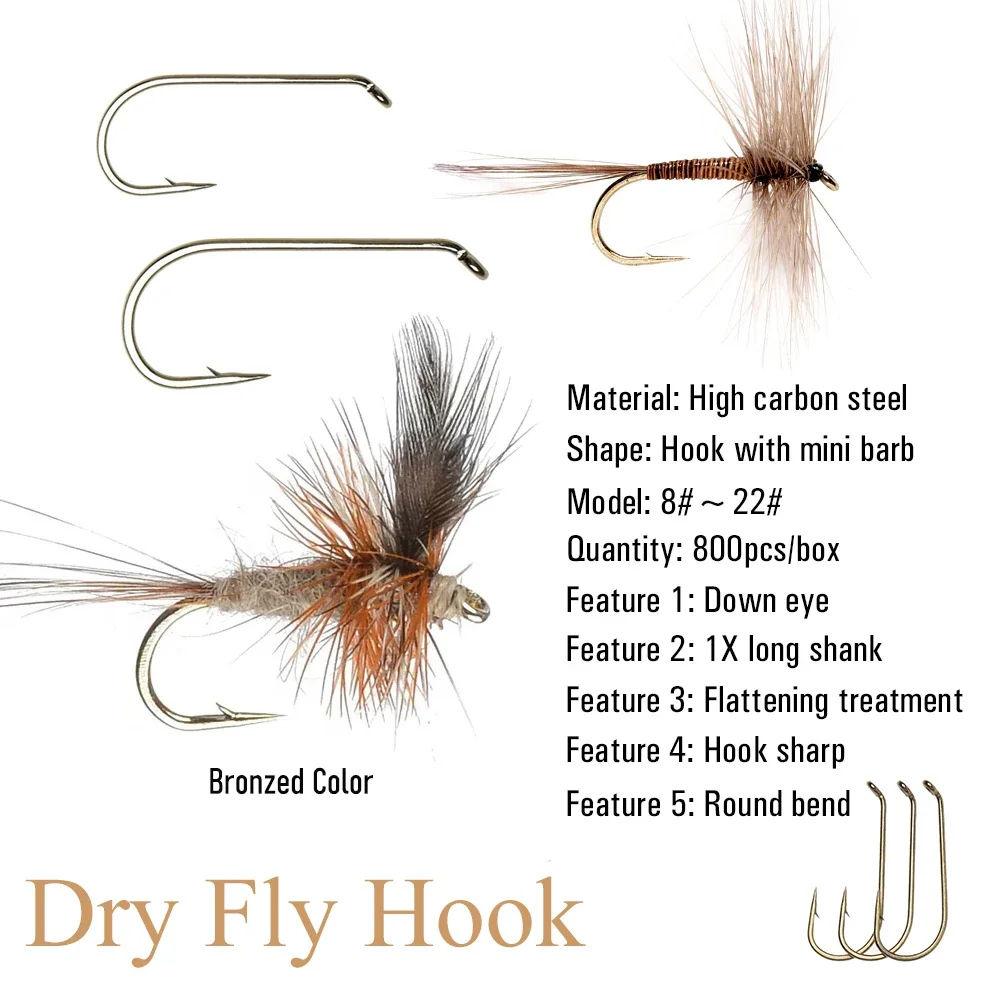 Wifreo-anzuelo de pesca con mosca seca, anzuelo de pesca con mosca de acero alto en carbono, con ojo de abajo, vástago redondo, curva redonda, ninfa, 800 unids/lote/caja, 1 ud., #8 ~ #22 - imagen 2