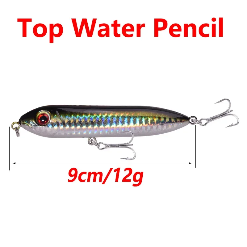 Señuelo de pesca con lápiz Topwater, 9cm, 12g, Wobblers, sonajero, caminar para lubina, bagre, aparejos de pesca, cebo duro Artificial, 1 ud.