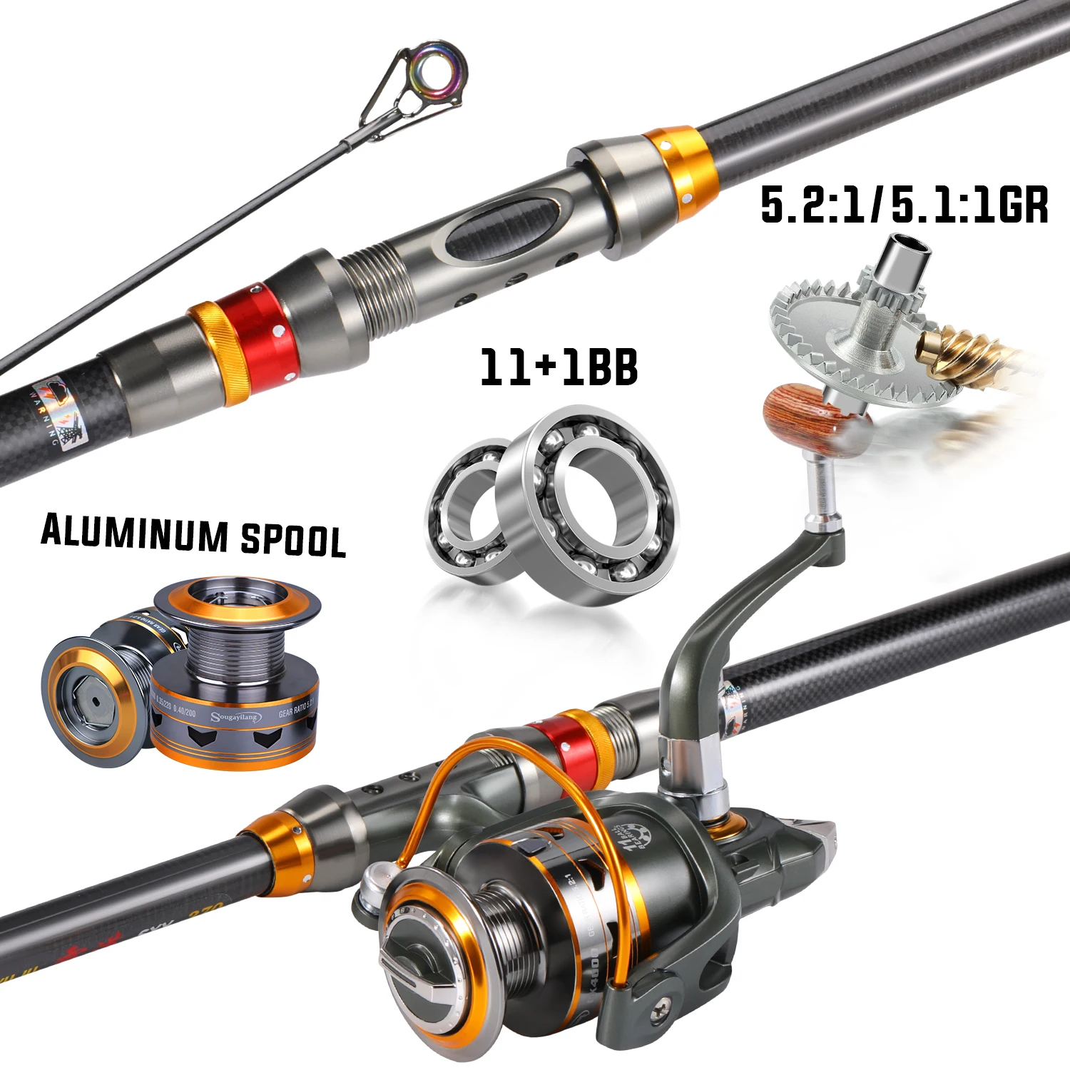 Caña de Pescar Telescópica Sougayilang de 1,8-3,6 m y Rueda de Carrete de Pesca 11BB, Caña de Pescar de Viaje Portátil, Combo de Caña de Pescar Giratoria - imagen 2
