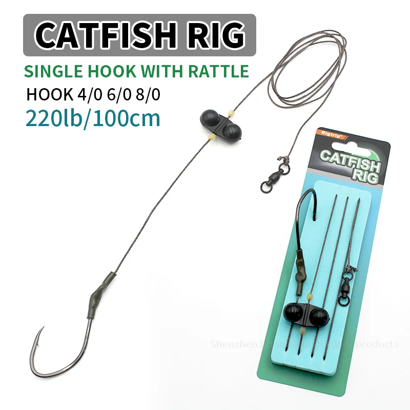 Caña de pesca para siluro con anzuelo simple y cascabel