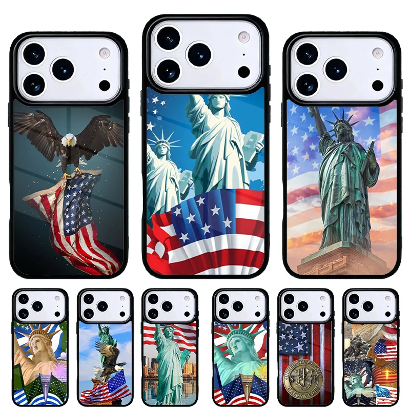 Funda iPhone con bandera de Estados Unidos y Estatua de la Libertad