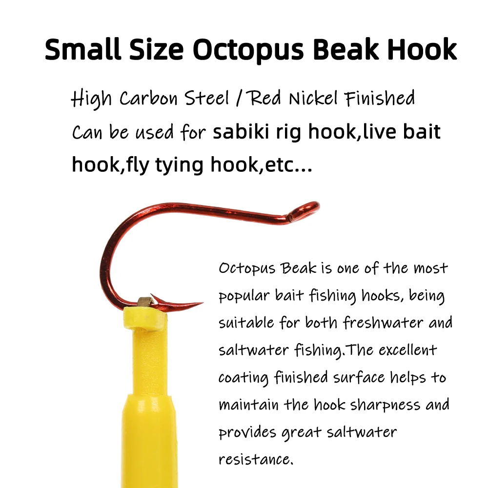 Ellllv 50 piezas 100 piezas # 6 anzuelos de pico de pulpo de tamaño pequeño de níquel rojo, anzuelos compensados de acero rico en carbono, aparejos Sabiki/mouches de pesca atados - imagen 3