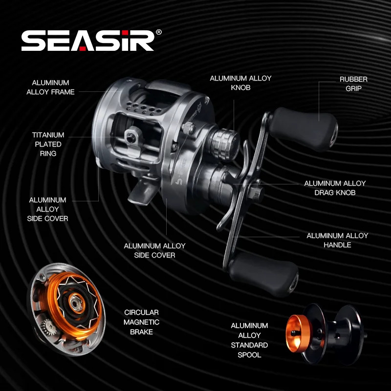 Carrete de pesca de agua salada Seasir Sirius redondo carrete de aluminio CNC freno magnético Circular 7 + 1BB NMB 7,3: 1 arrastre máximo 5kg carrete de pesca de agua salada - imagen 3