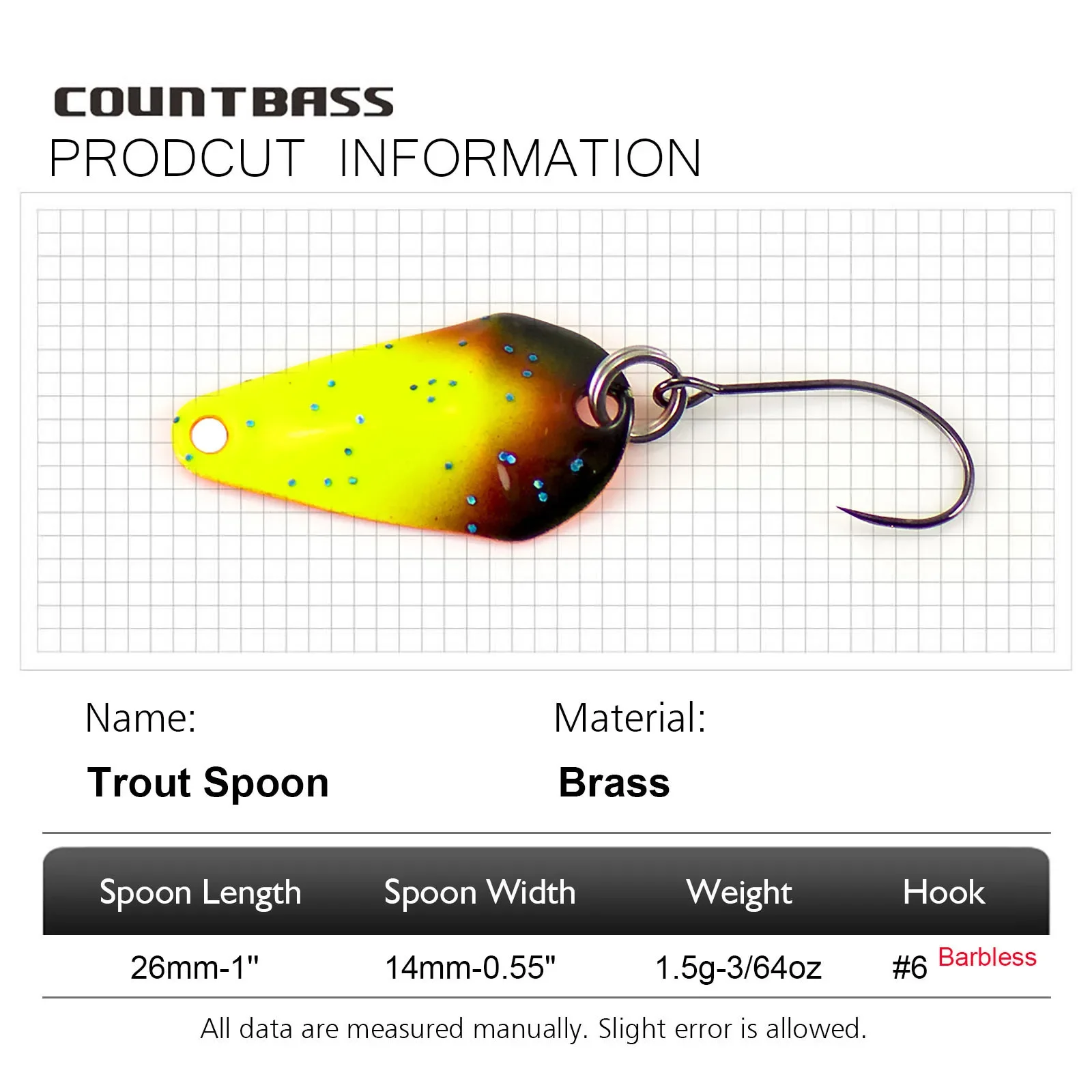 COUNTBASS 3/64oz 1,5g cuchara de fundición con anzuelo sin púas salmón trucha Lucio lubina Metal latón Señuelos de pesca - imagen 3