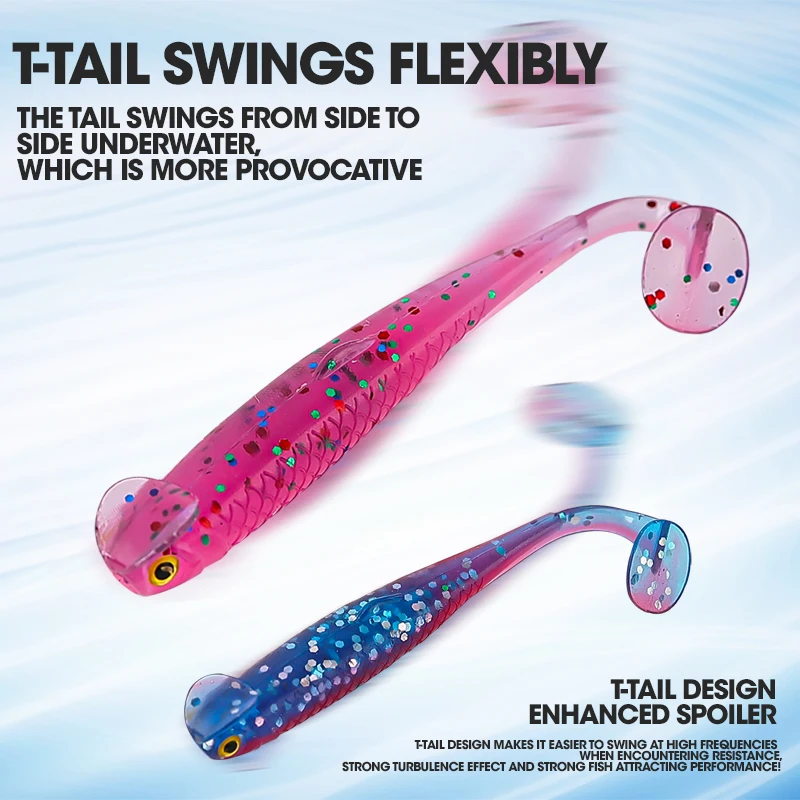 TAIYU-señuelo suave con cola en T coronada de pollo, 15 Uds., 6cm, 1,3g, goma bicolor, serie de agua poco profunda, cebo suave de pesca Artificial realista - imagen 4