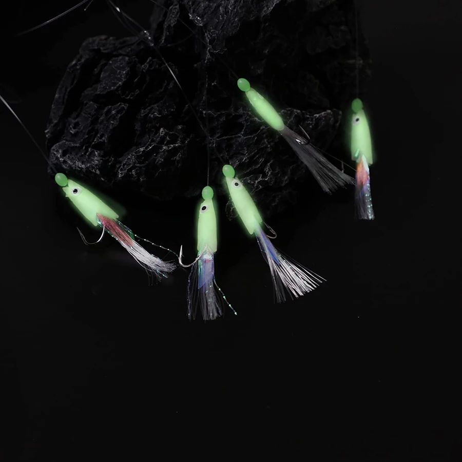 Paquete de 10 Señuelos de Pesca de agua salada, aparejos de cebo, 5 anzuelos, aparejos Sabiki, gancho de cuerda de piel de pescado Real, caballa que brilla en la oscuridad, aparejos Flash - imagen 5