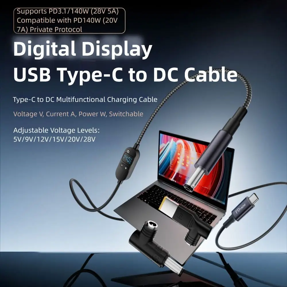 Cable adaptador USB C a DC PD con pantalla Digital con puntas de conector 28/34 convertidor de potencia de voltaje ajustable 5V/9V/12V/15V/20V - imagen 3