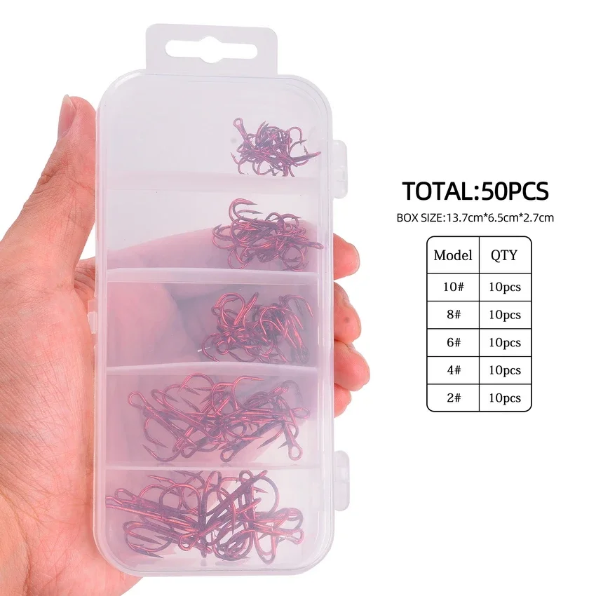 Anzuelos de pesca triples en caja, anzuelos de púas de acero con alto contenido de carbono, aparejos de pesca, negro/plata/rojo/té, 120/50 unidades por lote - imagen 3