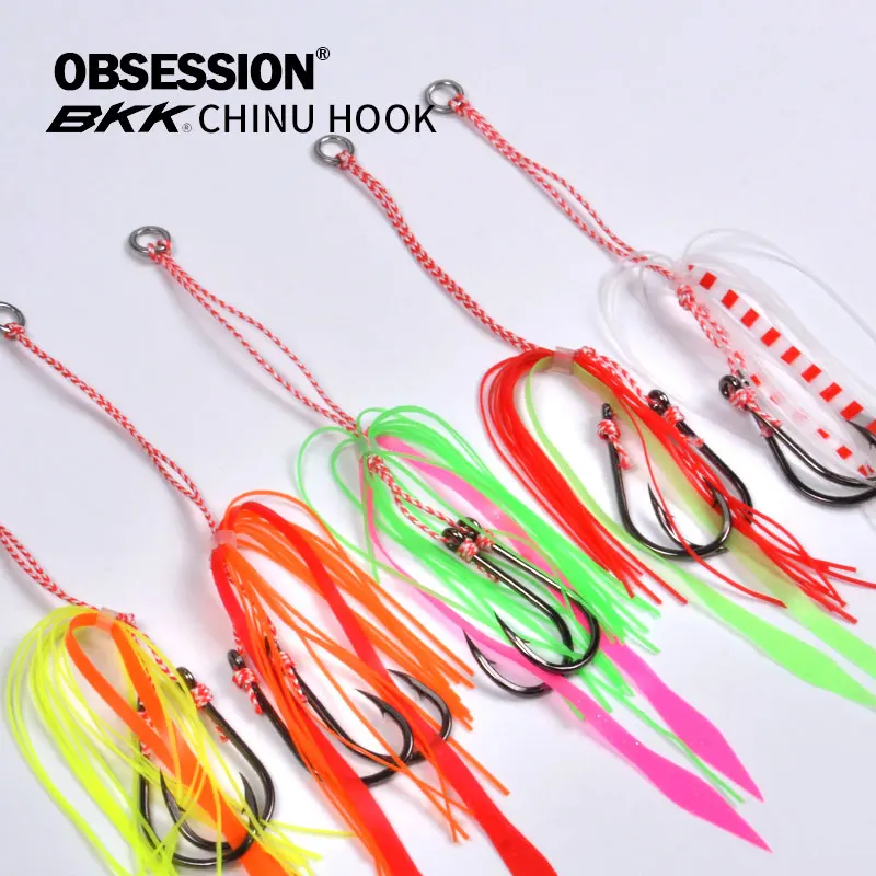 OBSESSION HK017 10 unids/bolsa anzuelo Chinu luminoso de agua salada falda de goma suave Inchiku anzuelo de asistencia para Jigging pesca en el mar anzuelos dobles - imagen 5