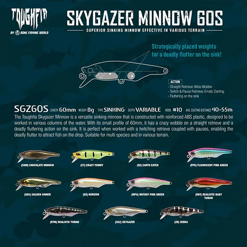 Hueso SKYGAZER MINNOW 60S 60mm 8g hundimiento largo lanzamiento 45-55M tiro señuelo cebo ancho Wobble Señuelos de Pesca para Artificial - imagen 5