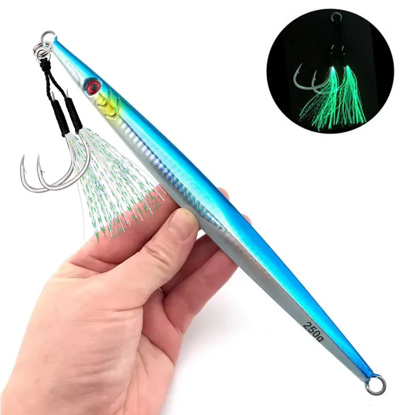 1개 철판 지그 바다 낚시 롱 스트립 퀵 드로잉 철판 낚시 빠른 침강 및 느린 흔들림 발광 철판 100g