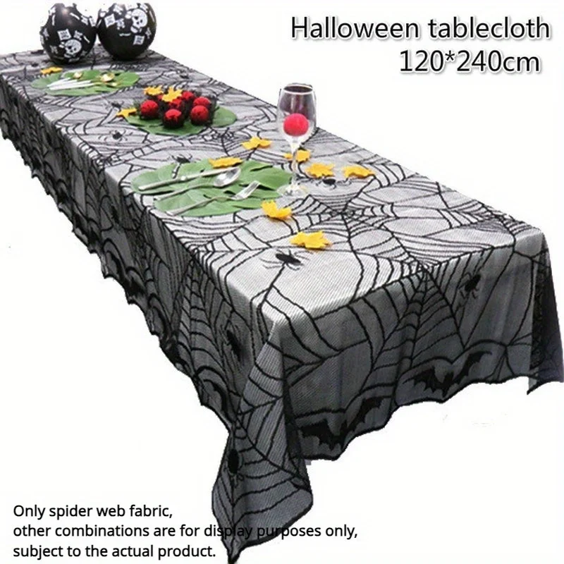 Mantel de tela de araña de encaje, esqueleto, calavera, decoración de Halloween, cubierta de bufanda de tela de araña de encaje, mantel de 120x240cm