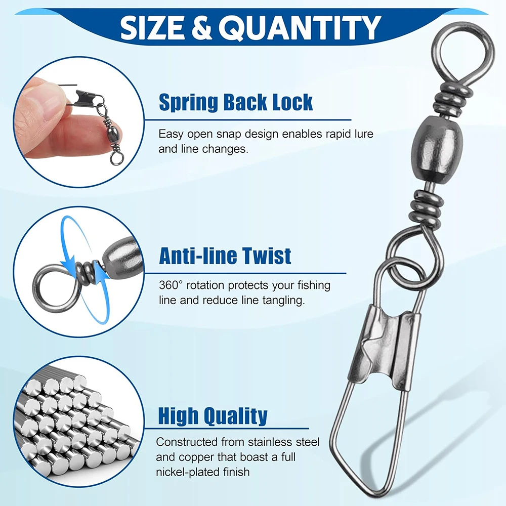 Kit giratorio de pesca, 75 Uds., barril rodante, giratorios con broche de seguridad, conector de pesca de alta resistencia, aparejos de pesca giratorios - imagen 3
