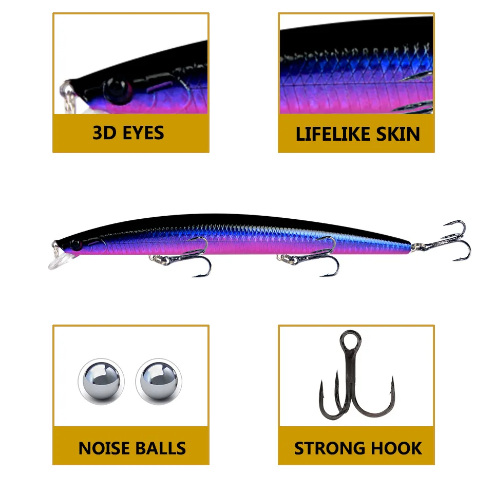 Mejor venta 1 Uds 18cm 24g pez grande y largo Minnow señuelo de pesca en el mar cebo ojos 3D anzuelos fuertes señuelos para pesca en el mar - imagen 4
