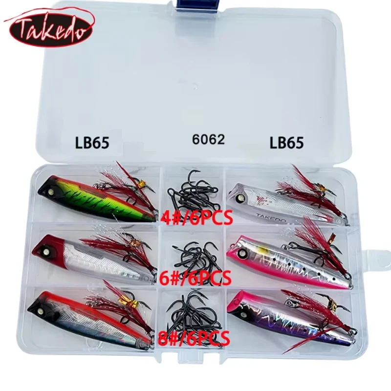 TAKEDO Juego de Señuelos de Pesca Cebo de Pesca Artificial Y 4 #   6 #   8 #   B** Juego de anzuelos de pesca Topwater Popper Lure B** 6062-1X-NP Anzuelos