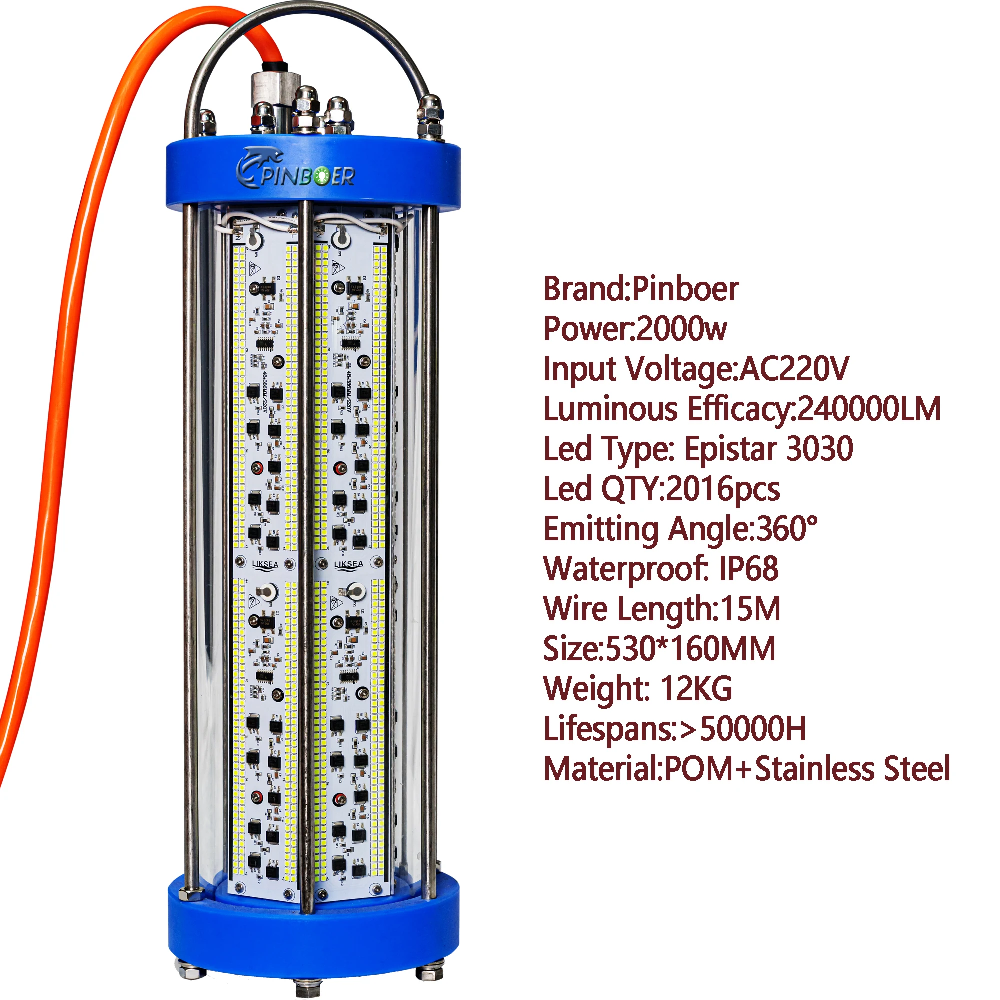Luz de pesca submarina Pinboer 2000W AC220V 240000 Lámpara LED sumergible verde LM de alta potencia con brillo regulable opcional - imagen 3