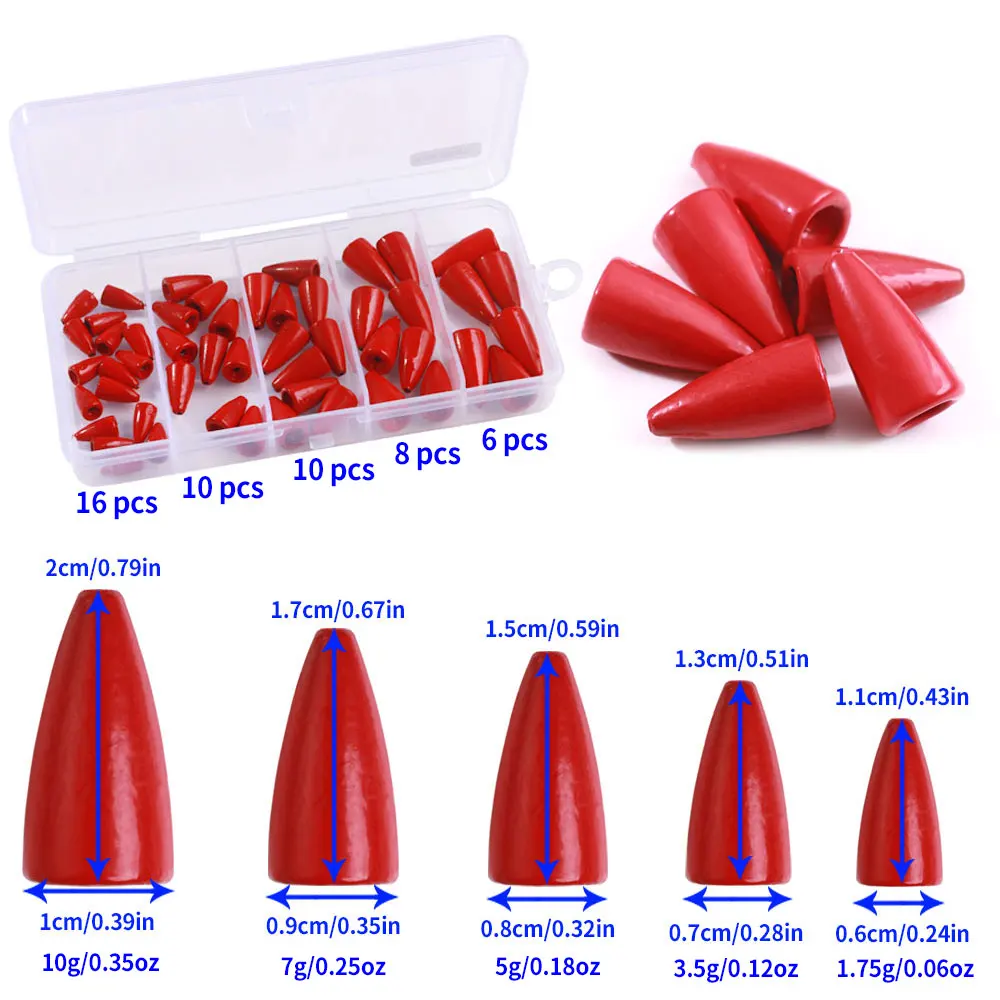 Juego de pesas de pesca de 50 Uds., 1,75g-10g, plomos de bala rojos para lubina, Lucio, cabeza de serpiente, perca, accesorios de aparejo Texas, aparejos de pesca - imagen 4