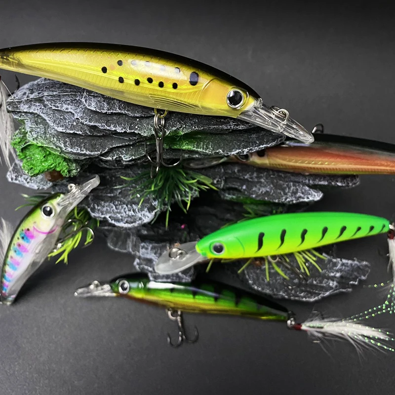 Señuelo de Pesca de pececillo flotante biónico, 95mm, 14g, Wobblers artificiales, cebo duro, Pesca con anzuelo triple de plumas, equipo de Swimbait - imagen 4
