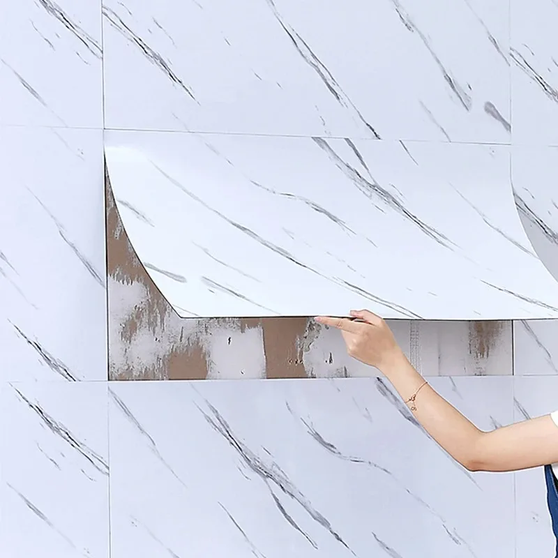 Pegatina de pared de azulejo de imitación de mármol, autoadhesiva, pegatina de cocina a prueba de aceite, papel tapiz de pared de fondo impermeable para baño - imagen 2