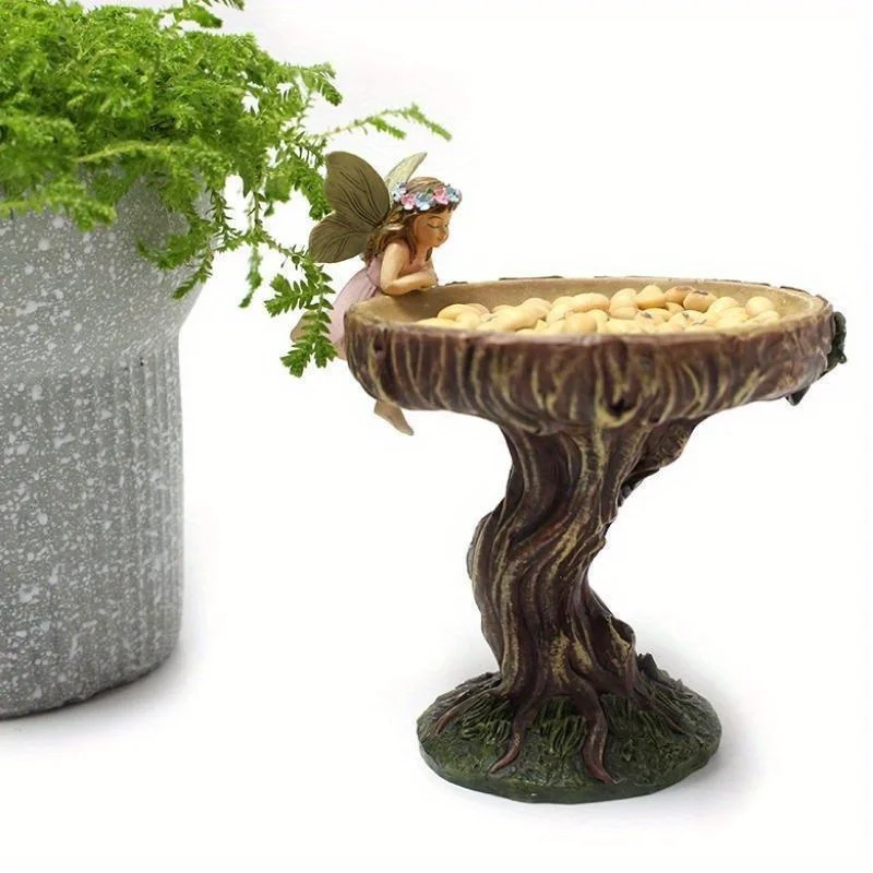 Estatua de jardín de hadas y flores de 5 pulgadas, bandeja alimentadora de pájaros, artesanía para el hogar de resina para exteriores, estatua decorativa para patio de hadas y jardín - imagen 3
