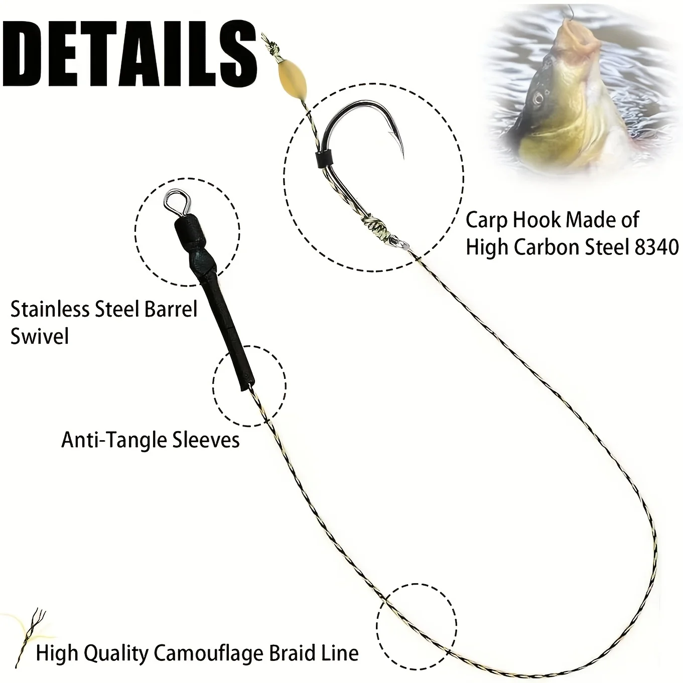 Aparejo carpa ganchos púas acero carbono boilies giratorios pesca - imagen 3
