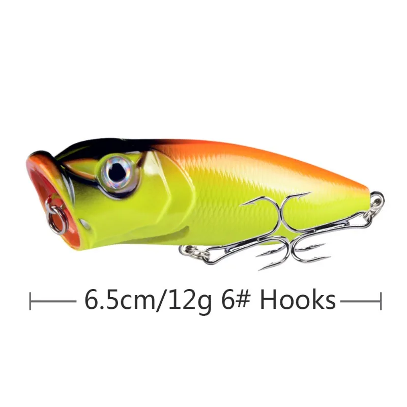 Señuelos de pesca de plástico duro, cebo Popper Topwater, Wobblers artificiales, 6 colores, 6 # anzuelos, aparejos de pesca, 6 #, 6,5 cm, 12g - imagen 4