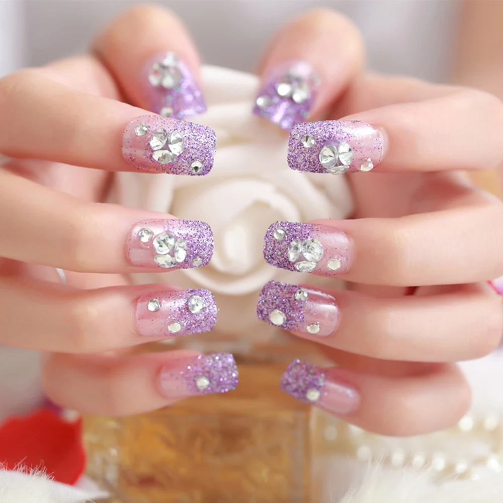 Uñas postizas con purpurina púrpura, 1/2/4 piezas, uñas artificiales de doble cara para fiesta de novia, accesorios de boda, puntas de Arte de uñas - imagen 5