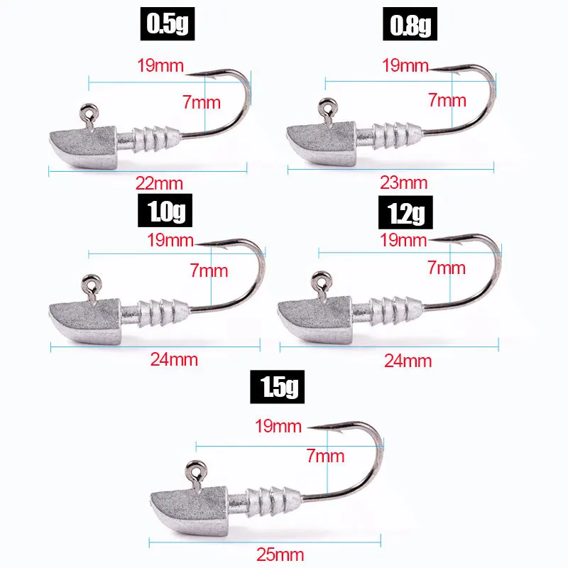 Mini anzuelo de gusano ponderado para pesca, cabeza de anzuelo, Swimbait, gusano de lubina, señuelo de plástico blando, 0,5g-1,5g, agua dulce, 5 piezas - imagen 2