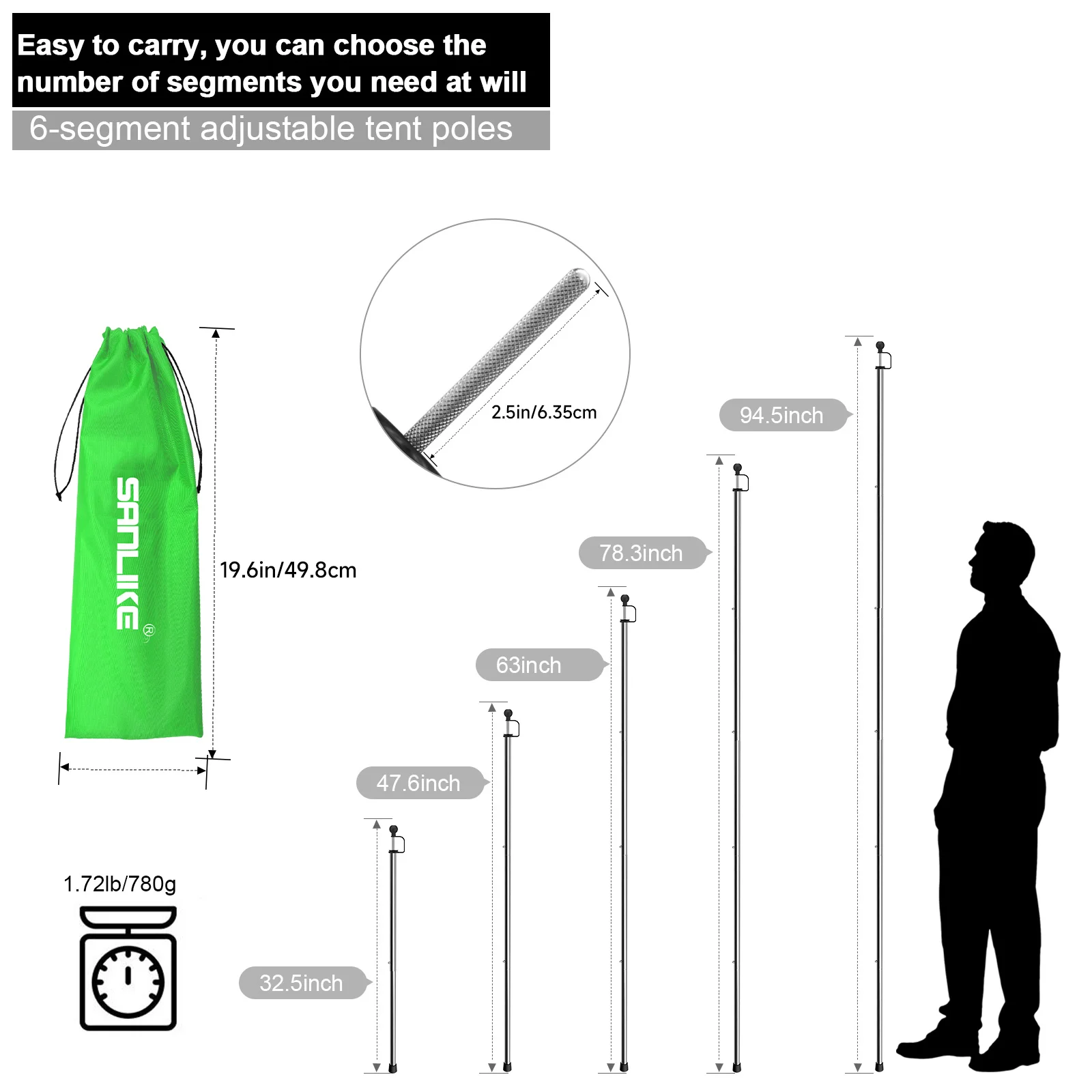 SANLIKE-Juego de 2 postes de tienda de campaña, varilla de lona de acero inoxidable, ajustable, portátil, telescópico, soporte para toldos, herramienta de accesorios - imagen 5
