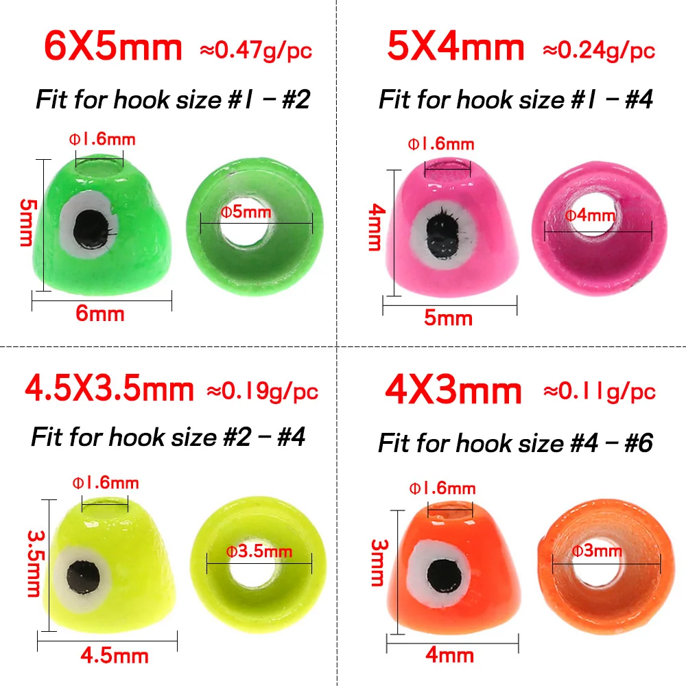 Bimoo-Cuentas de cabeza de cono de latón para pesca, materiales de atado de señuelos de trucha, ninfas, trucha, agua salada, con ojos de tejanos, 20 piezas - imagen 2